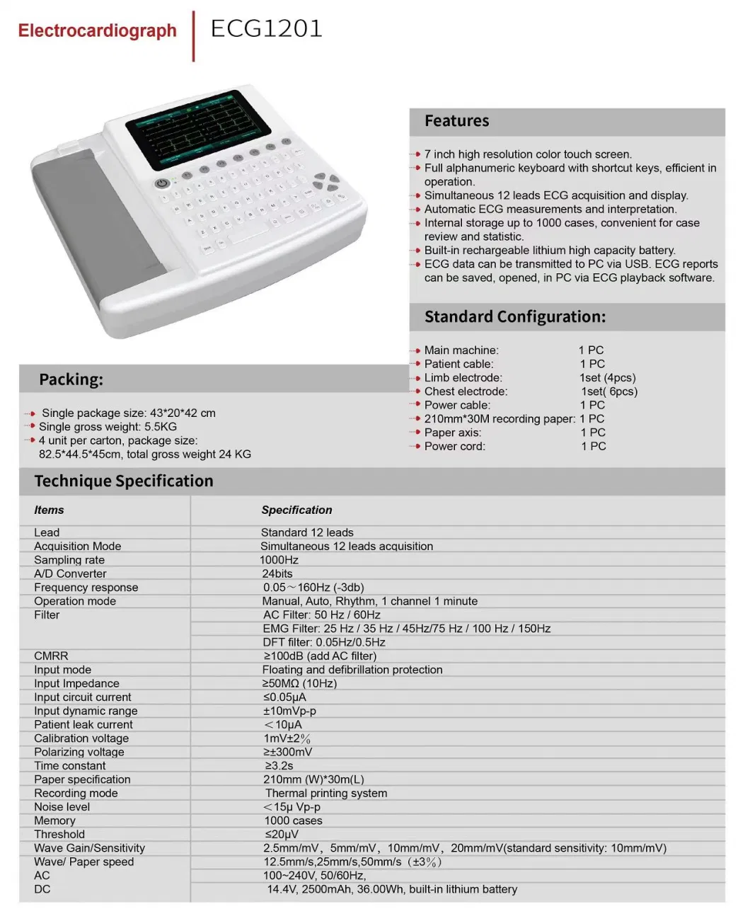 12-Lead 6 Channel Emergency Electrocardiograph ECG Test Machine with Interpretation