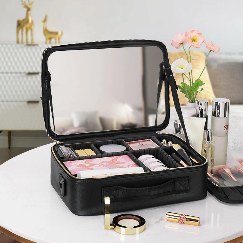 Makeup Bag with Lighted Mirror, Travel Make up Train Case with Adjustable Brightness Vanity Mirror and Detachable Adjustable Dividers Cosmetics for Women