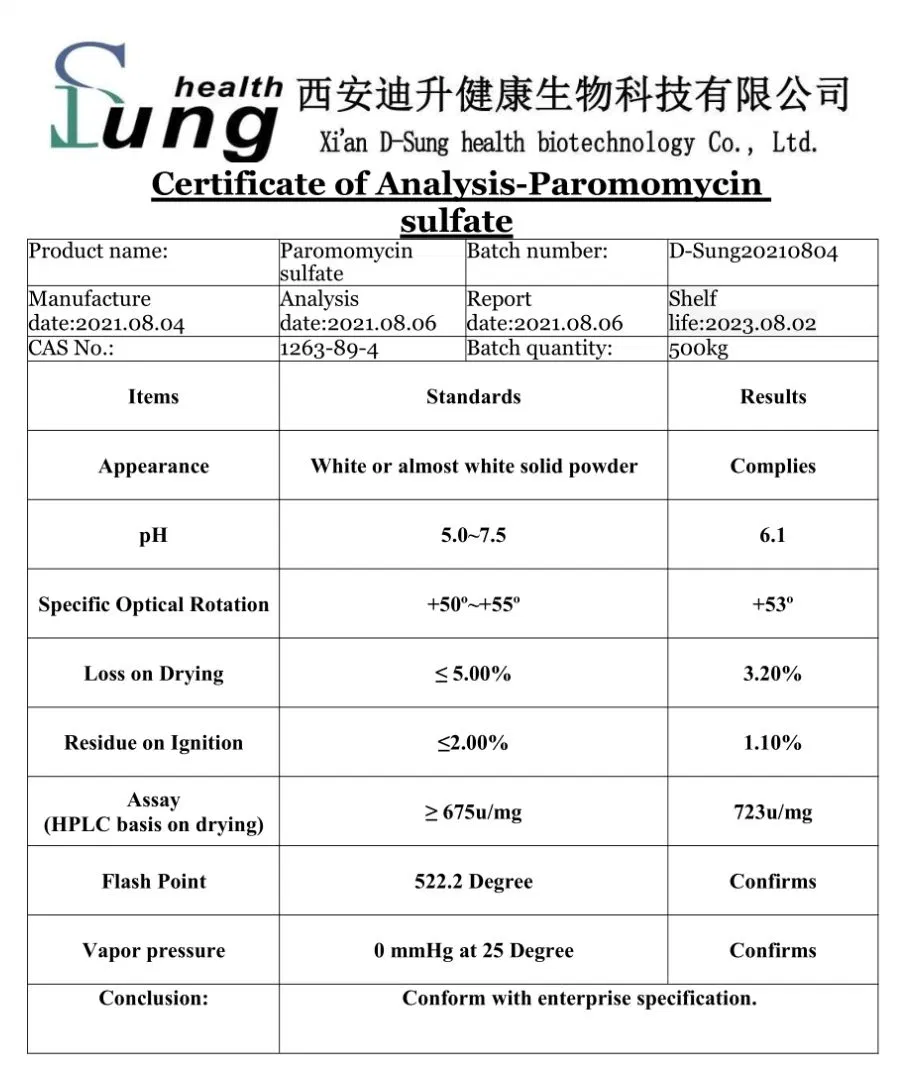 99% Purity Paromomycin Sulfate Antibiotic Paromomycin Sulfate Powder Raw Material Paromomycin Sulfate