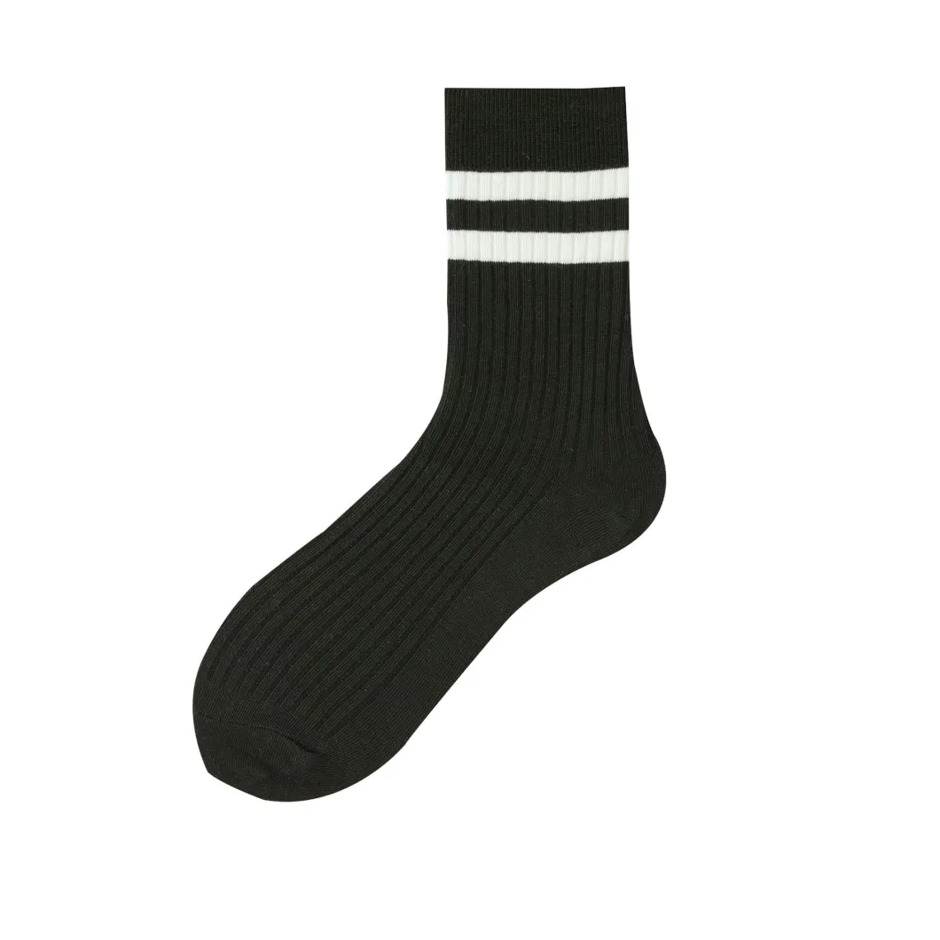 Thick Line Men Solid Color Spring and Summer Thin MID-Tube Japanese Double-Needle Sports Pile Socks