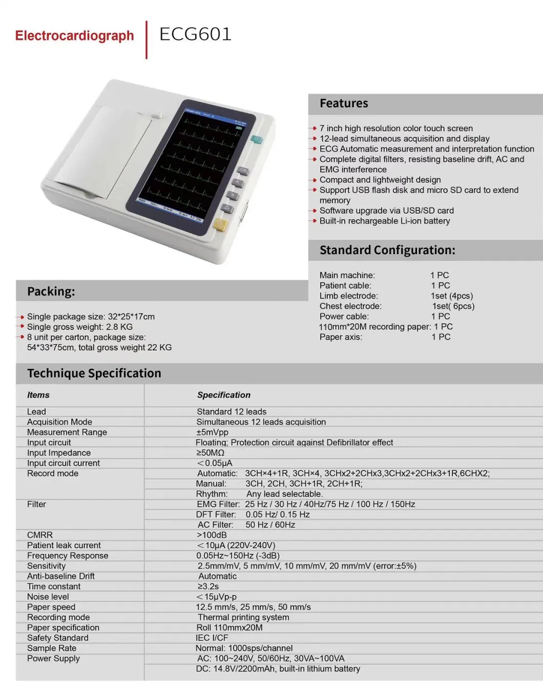 12-Lead 6 Channel Emergency Electrocardiograph ECG Test Machine with Interpretation