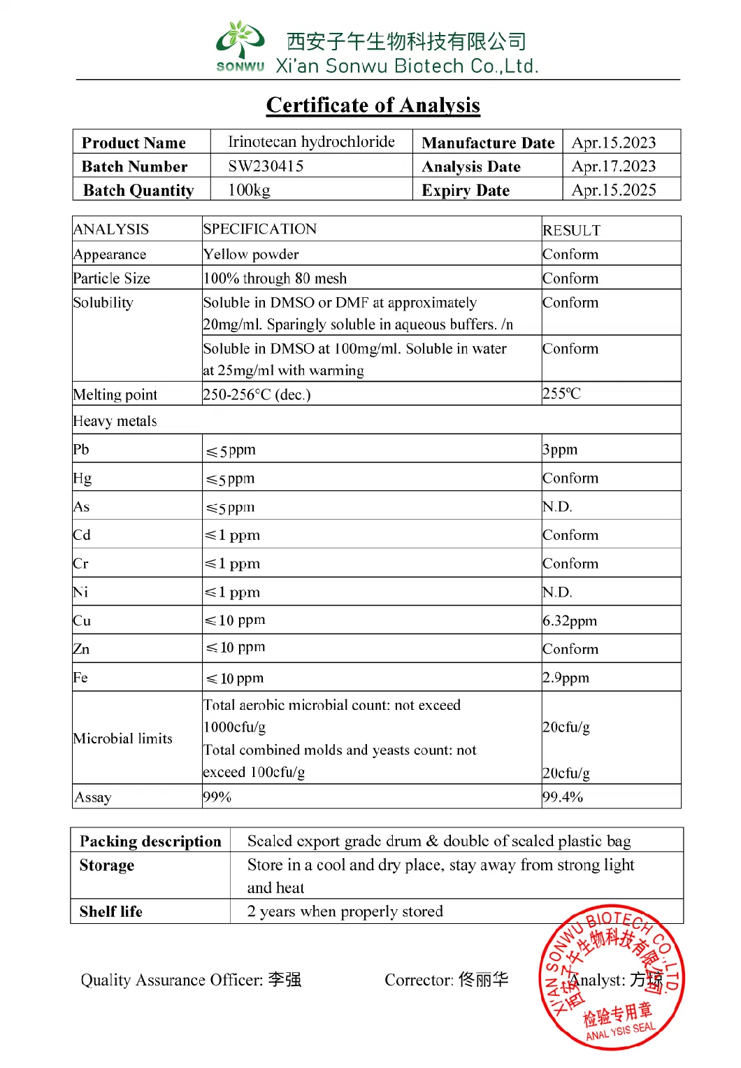 Sonwu Supply Raw Powder Pharmaceutical Intermediate Irinotecan Hydrochloride