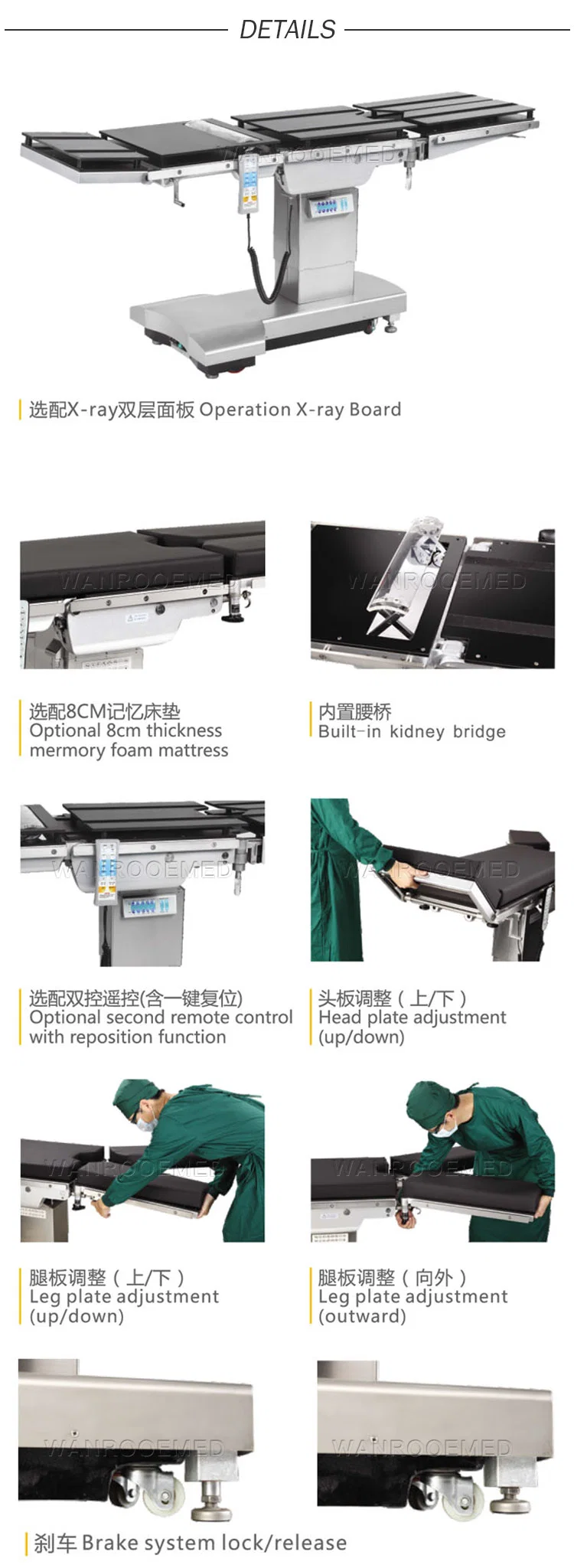 Professional Stainless Steel Electric Hydraulic Surgical Operating Table for General Waist Kidney Operation