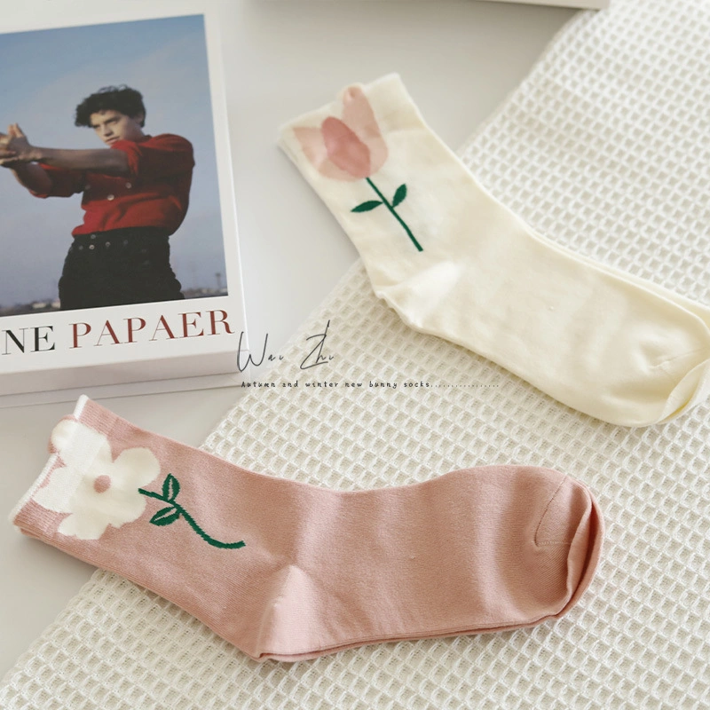 Tulip Flower MID-Thigh Women Spring and Summer Three-Dimensional Small Flower Petals Long Ins Tide Japanese Sweet Wind Cotton Socks