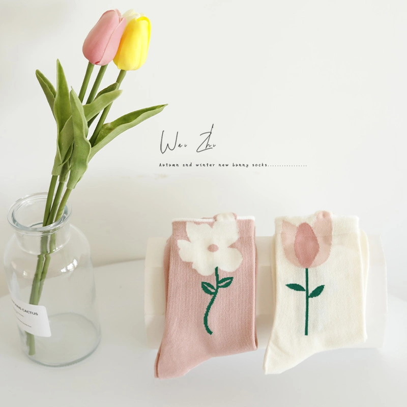 Tulip Flower MID-Thigh Women Spring and Summer Three-Dimensional Small Flower Petals Long Ins Tide Japanese Sweet Wind Cotton Socks