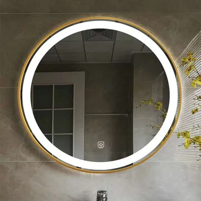 Simple Hotel <a href='/smart-mirror/'>Smart Mirror</a> LED Luminous Anti-Fog <a href='/bathroom-mirror/'>Bathroom Mirror</a> Gold with Aluminum Frame Makeup Lamp Round Mirror