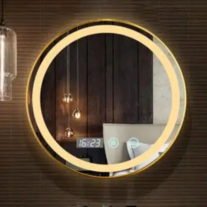 Simple Hotel Smart Mirror LED Luminous Anti-Fog Bathroom Mirror Gold with Aluminum Frame Makeup Lamp Round Mirror