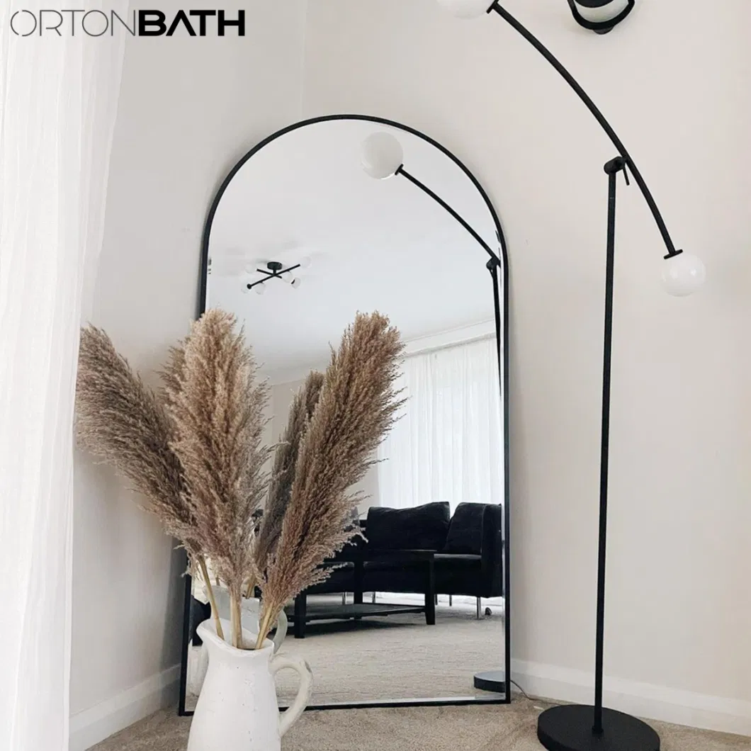 Ortonbath Long Full Length Floor Standing Mirror Floor Mirror, Standing Mirror Smooth, Large Arched Black Metal Framed Mirror with Support Agaist to Wall