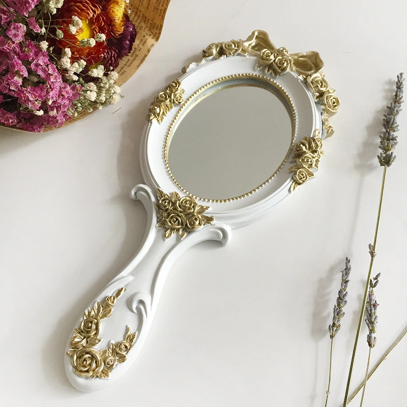 Vintage Priceness Mini Resin Hand Held Makeup Mirror for Cosmetic