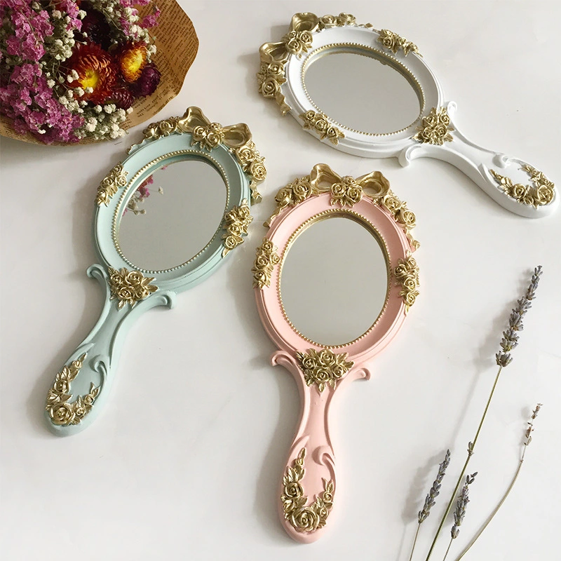 Vintage Priceness Mini Resin Hand Held Makeup Mirror for Cosmetic