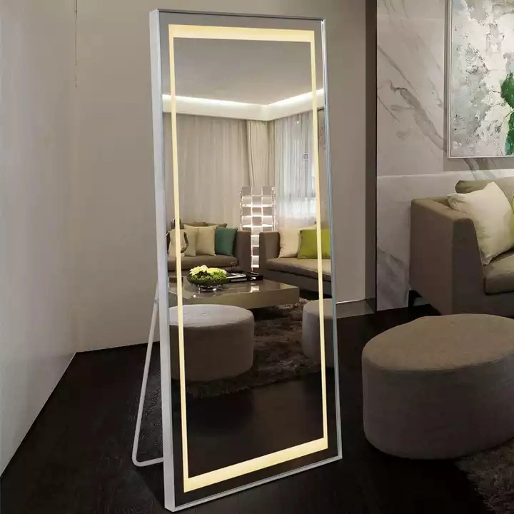 Aluminum Alloy Frame Wall Hanging Full-Length Mirror LED Light Floor Full-Length Mirror