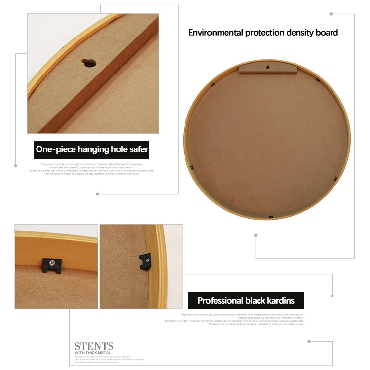 Solid Wood Frame Bathroom Decor Mirror Circle Waterproof Shatter-Proof Wall Mounted