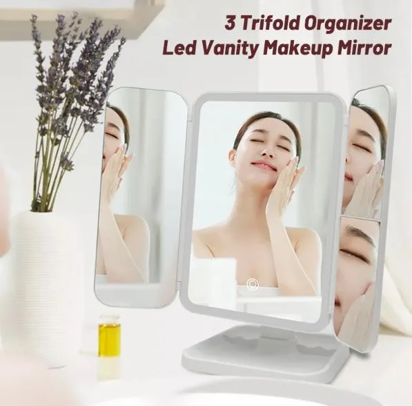 Custom Rectangle Tabletop 360 Trifold White Cosmetic Standing Mirror 3 Sided LED Glass Vanity Mirror with Lamp