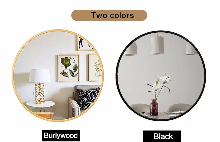 Solid Wood Frame Bathroom Decor Mirror Circle Waterproof Shatter-Proof Wall Mounted