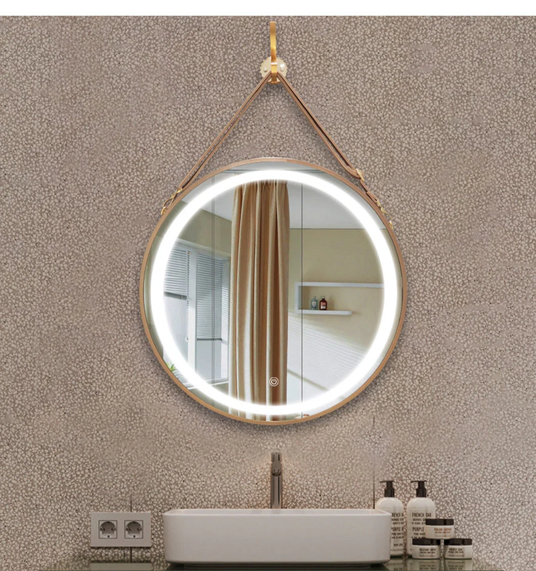 Newest Product Touch Switch Round Wall Hanging Wood Framed LED Bathroom Decoration Mirror