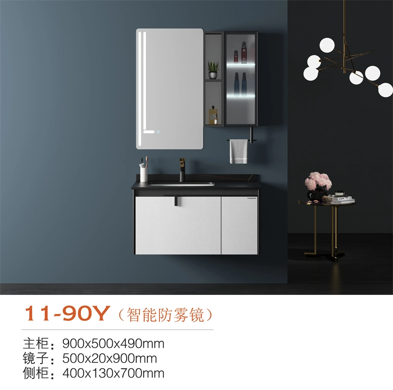 White Bathroom Cabinet Wall Cabinet Solid Wood Cabinet Black Rock Basin Rectangular Shape Mirror with Shine Light Makeup Vanity