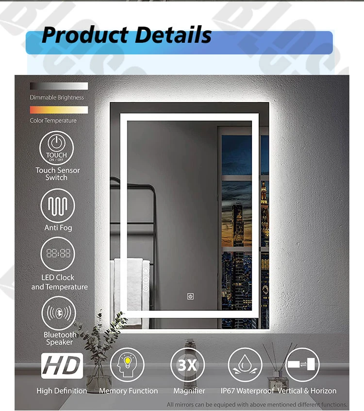 Modern Anti Fog Wall Bath Mirror Frameless Touch Screen Rectangle LED Lighting Smart Bathroom Mirror