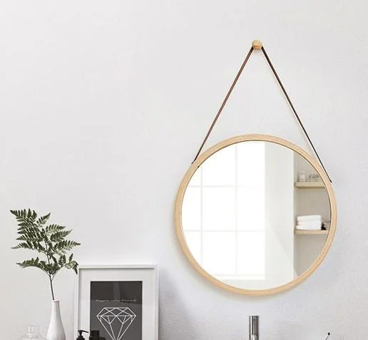 Luxury Round Shape Hanging Bathroom Wooden Decorative Wall Makeup Mirror