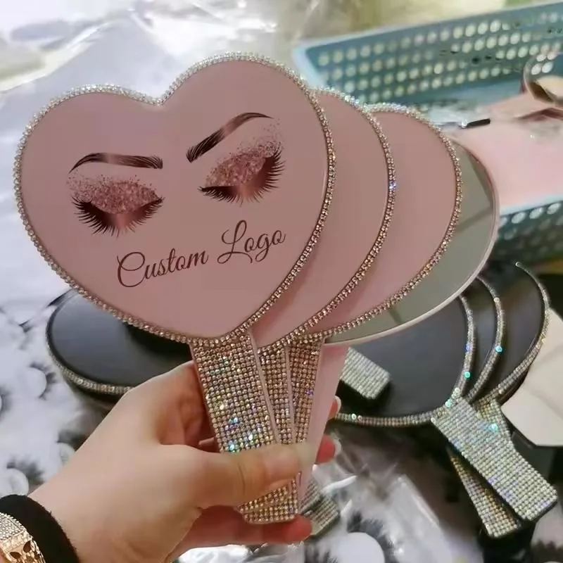 Pink Heart Diamond Studded Hand Held Mirror Logo Custom Bling Design Plastic Multicolor Makeup Mirror or Women Girl Cosmetic