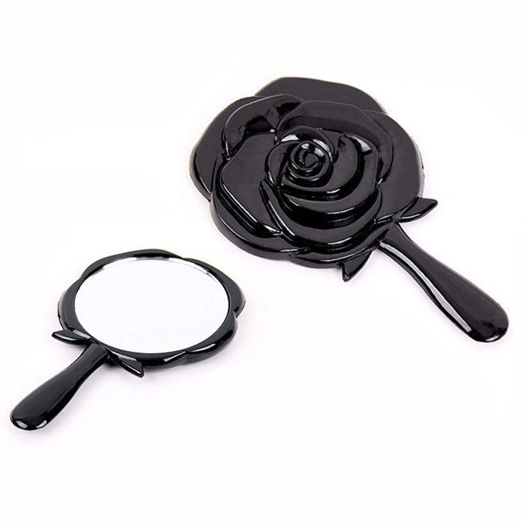 Rose Shape One Side Round Mirror Personalized Logo Long Hand Retro Cosmetic Makeup Handheld Rose Flower Mirror