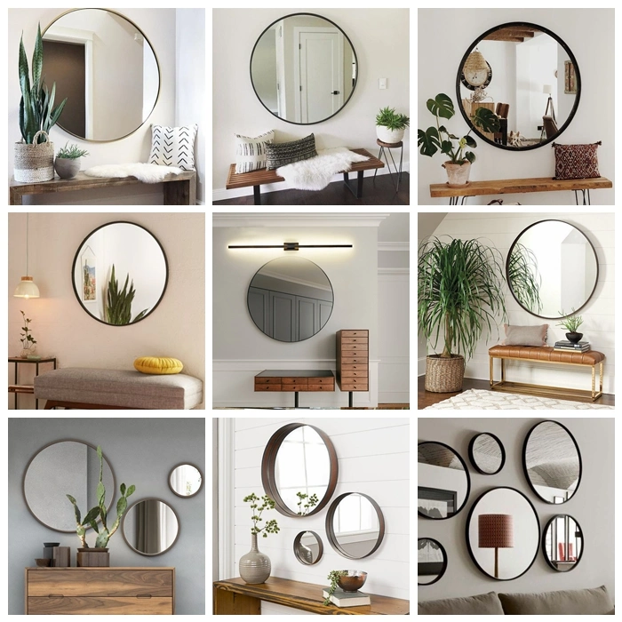 Bathroom Round Decorative Mirrors Metal Frame Mirror Silver Metal Framed Mirror with Deep Frame