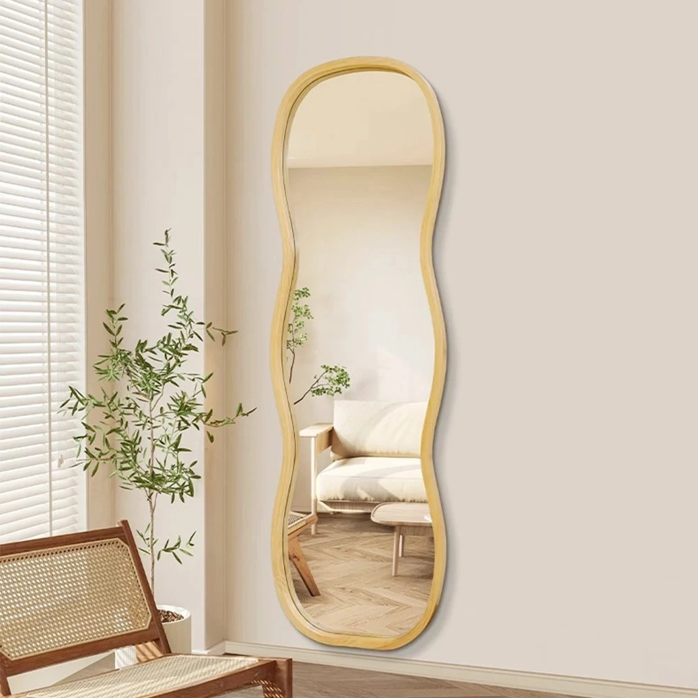 63&quot; X 24&quot; Floor Mirror Flannel Wrapped Wooden Frame Wall Mirror Irregular Wavy Mirror for Cloakroom/Bedroom/Living Room