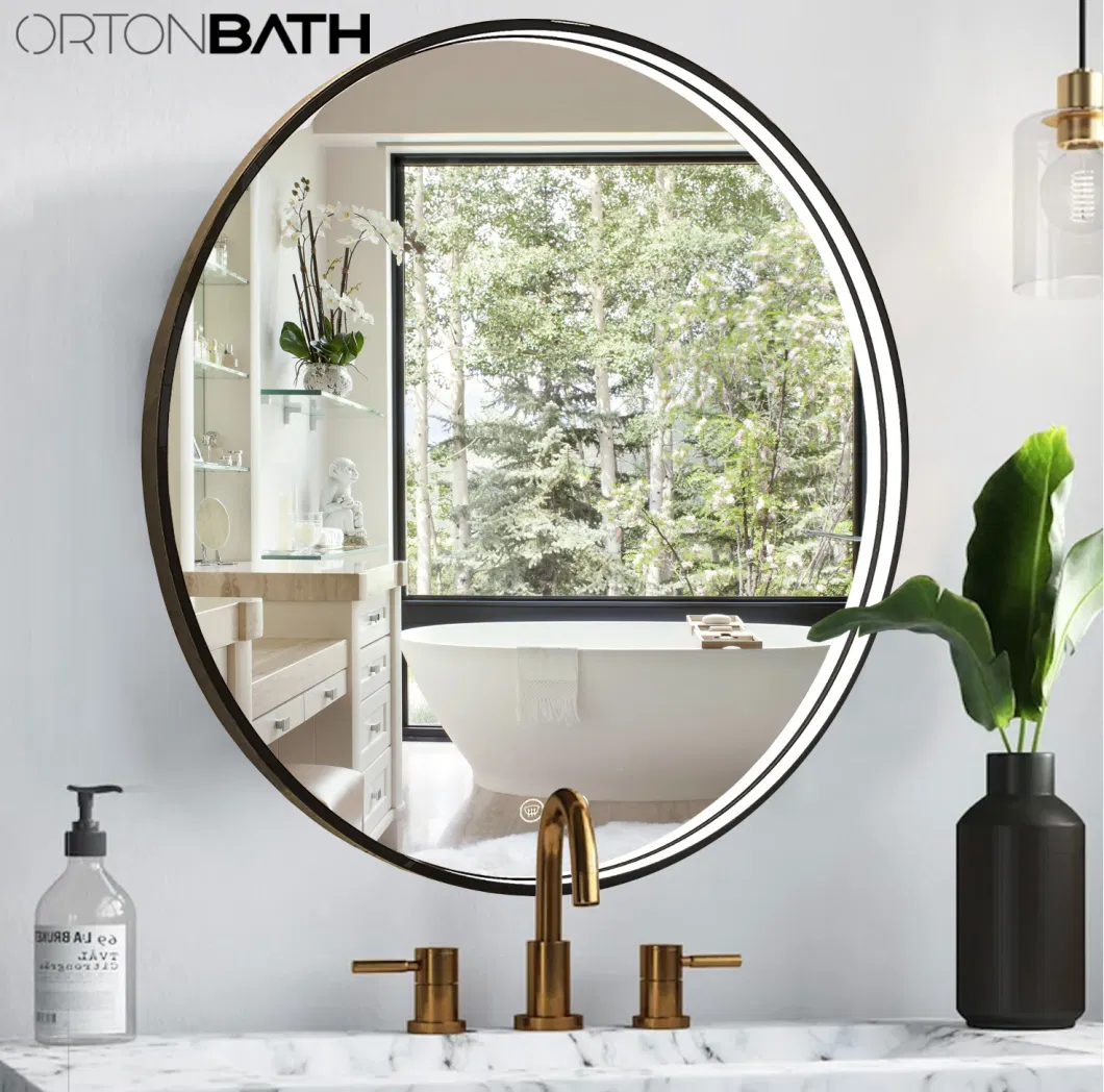 Ortonbath1 Modern Round Black Metal Frame Vanity Glass LED Mirror with Light, 6000K, Wall Mounted, Anti-Fog Unfoldable LED Bathroom Mirror