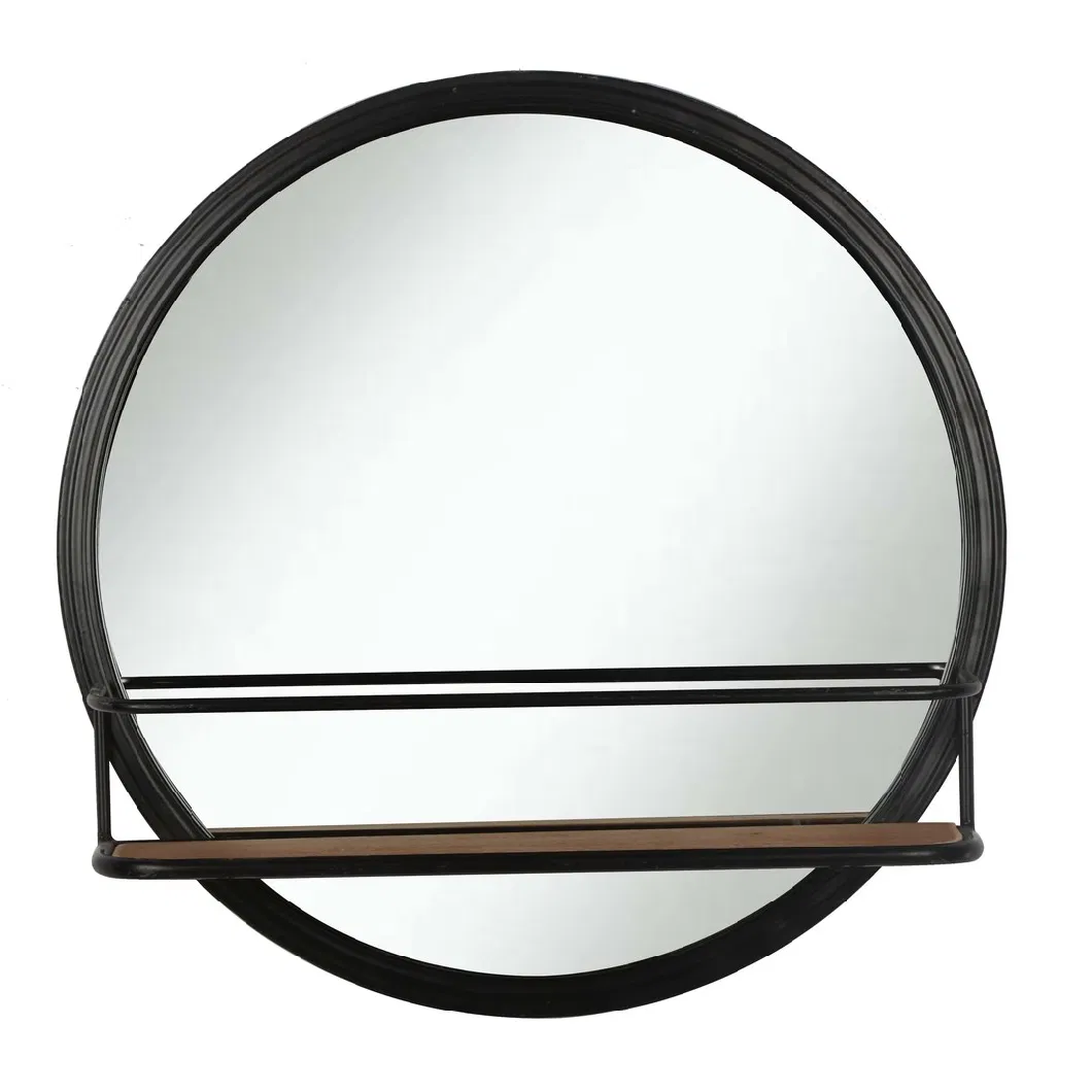 Bathroom Design Modern Round Large Black Metal Framed Wall Mirror with Shelf