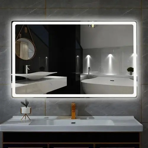 Customized Metal Framed Lighted Mirror Luxury Rectangle Hospitality Bathroom LED Mirror with Shelf