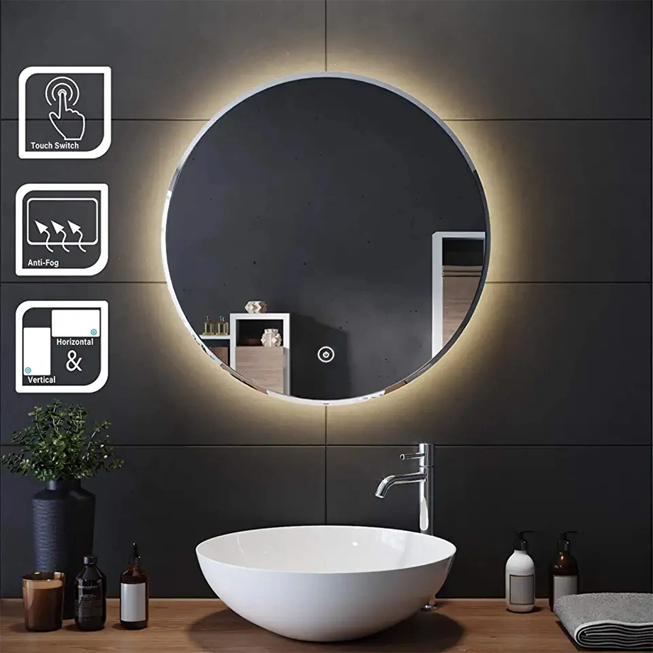 Frameless Home Wall Decor Makeup Round Backlit Lighted LED Mirror with Defogger