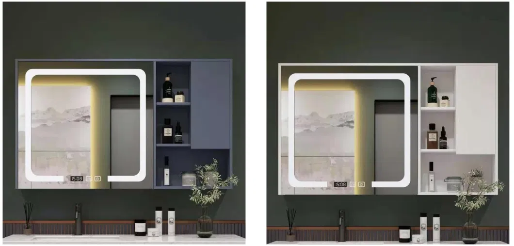 Home Bathroom Creative Multi-Layer Smart Color-Temperature Furniture Wall LED Mirror with Dimming, Bluetooth, Defogger