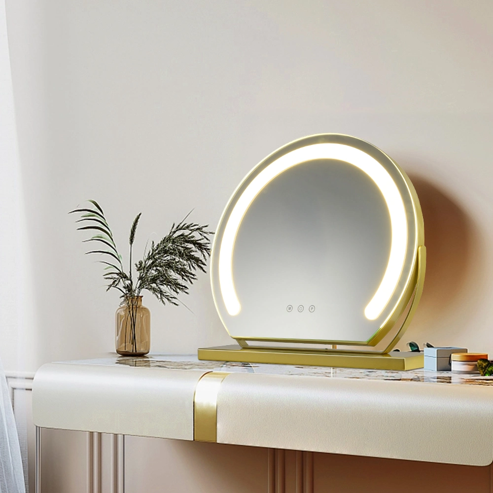 Modern Gold LED Lighted Round Shape Desktop Hollywood Mirror