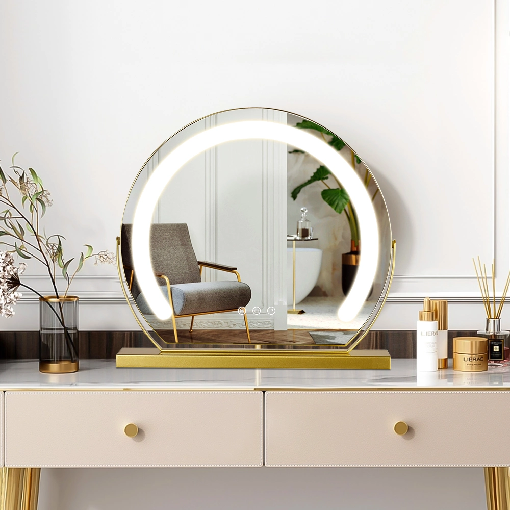 Modern Gold LED Lighted Round Shape Desktop Hollywood Mirror