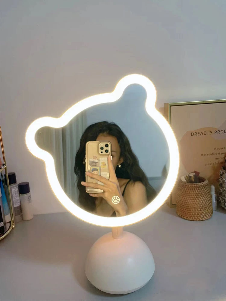 Cute Crooked Neck Bear LED Makeup Mirror with Light Dressing Table Student Dormitory Portable Fill Light Mirror