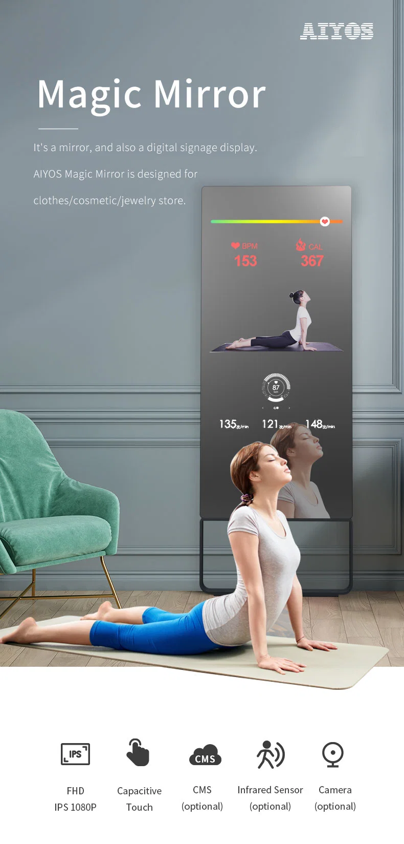 43&quot; Magic Floor Standing Android Touch Screen Fitness Smart Mirror