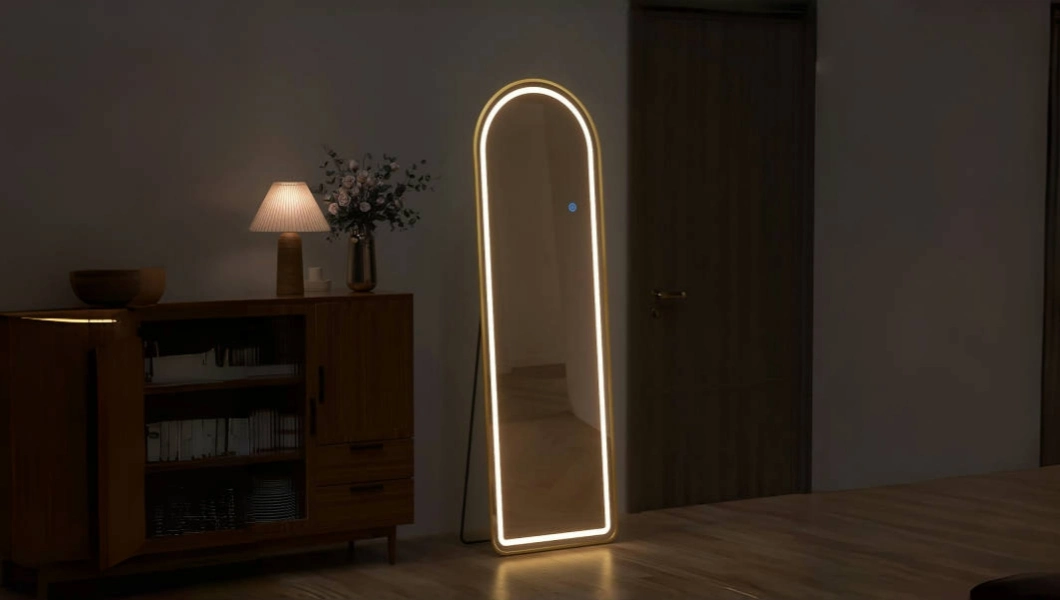 Arch Gold Metal Frame Full Length Dance Floor Salon LED Lamp Mirror with Stand for Dressing Room