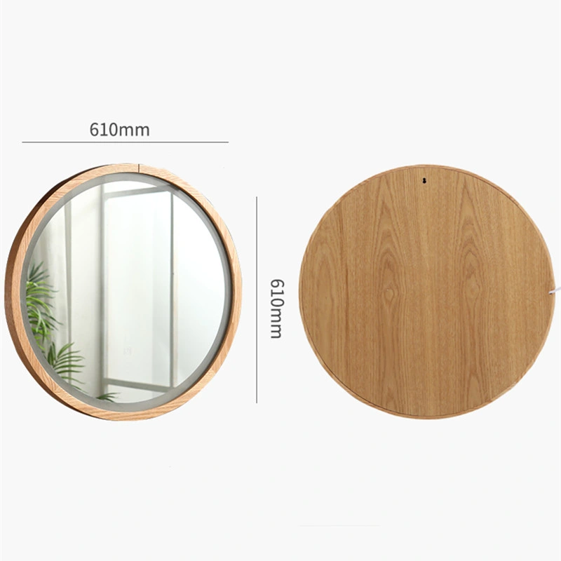 Home Nordic Simple Round Solid Wood Bedroom Wall-Mounted LED Smart Lamp Bathroom Toilet Vanity Mirror 0027