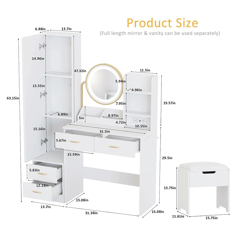 Desk with Mirror and Lights &amp; Full Length Mirror, Vanity Mirror with Lights Desk and Chair &amp; Charging Station, 4 Drawers and Lots Storage Shelves