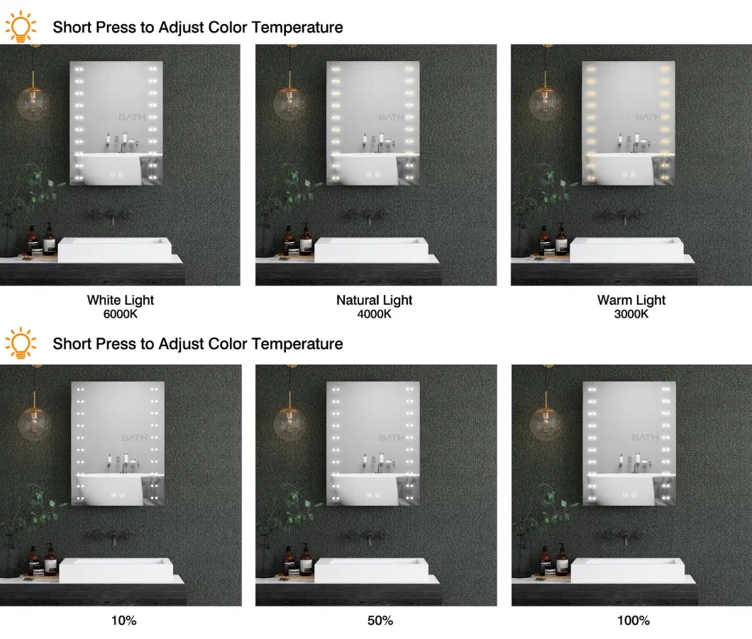 Ortonbath Frameless Frontlit Bathroom LED Mirror Wall Mounted Bathroom Mirrors with LED Light Horizontal/Vertical Anti-Fog Makeup Mirror with Scattered Light