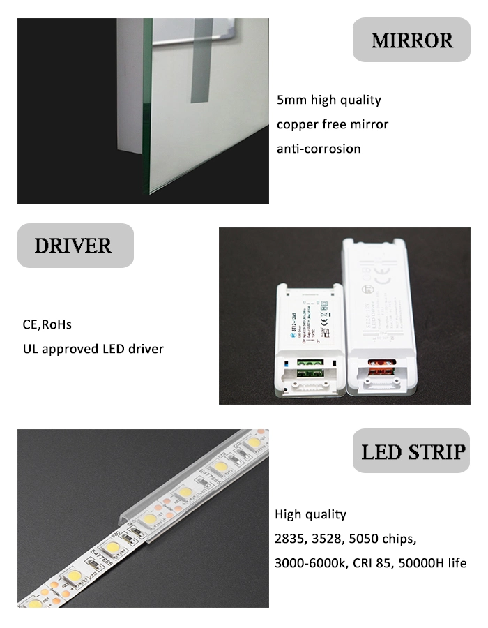 LED Bathroom Mirror with Bluetooth Speakers, Frameless Rectangular Wall Mounted Dimmable Bright White 6400K Temperature