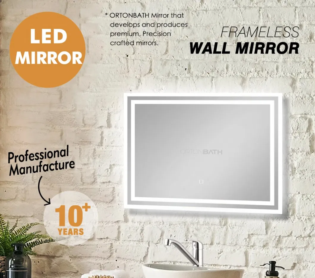 Ortonbath Frameless Front Lit Rectangular Square Edge LED Bathroom Vanity Mirror Makeup Wall Mirror with Anti-Fog Touch Switch