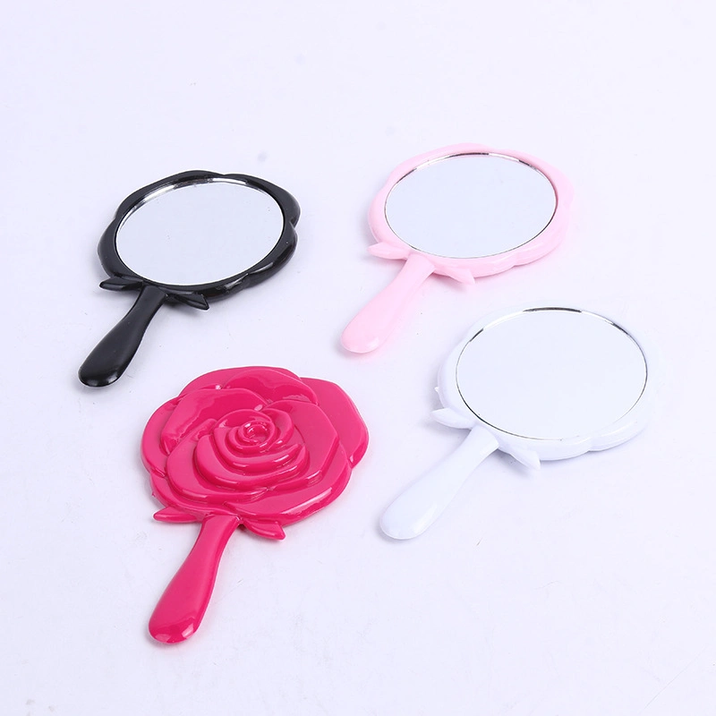 Rose Shape One Side Round Mirror Personalized Logo Long Hand Retro Cosmetic Makeup Handheld Rose Flower Mirror