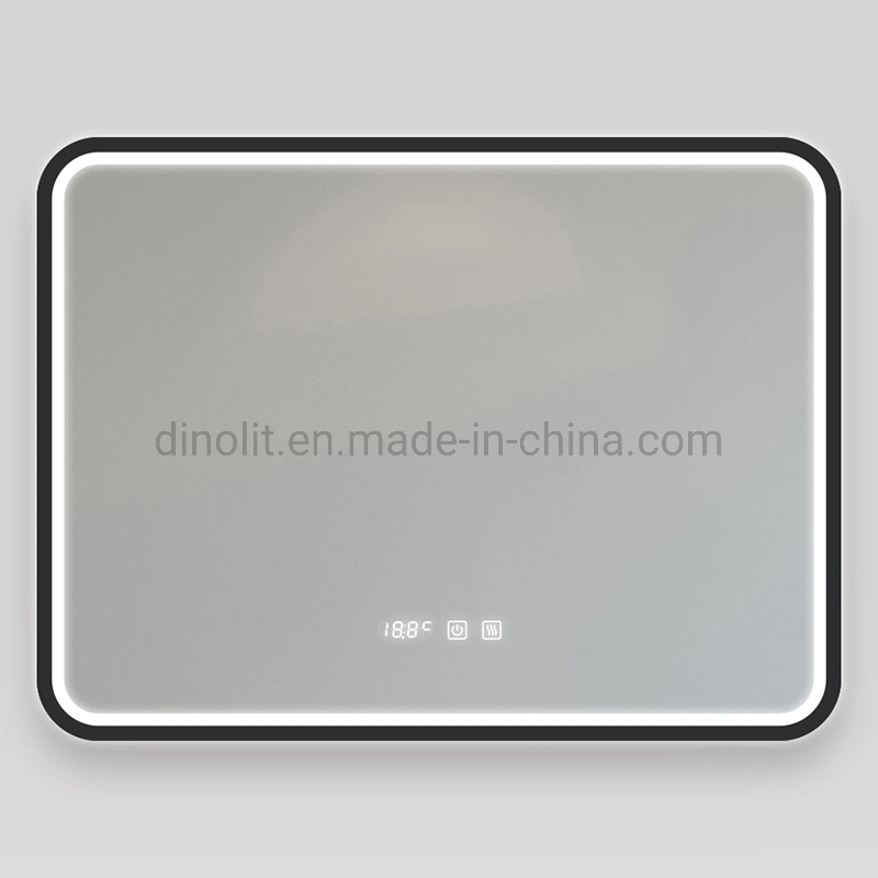 Home/Hotel Decor Bathroom Cabinet Luxury New Black Aluminum Frame Fogproof Bath Vanity LED Smart Glass Mirror with Touch Switch/Digital Clock/Music Play CE ETL