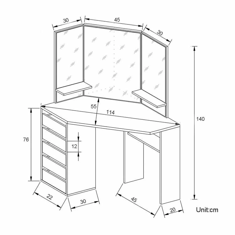 White Bedroom Makeup Vanity Cosmetics Corner Desk with 3 Mirror