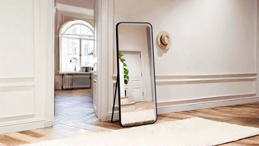 Black Metal Frame Full Length Body Dance Floor Lighted Mirror with Stand for Bedroom and Dressing Room