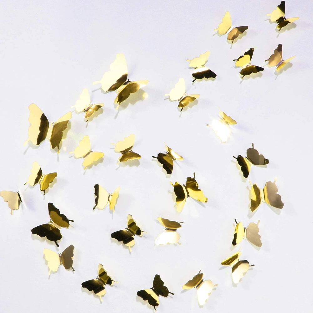 48 Pieces Gold 3D Mirror Butterfly Wall Stickers Decals DIY Hollow-out Butterfly Wall Decor for Home Decoration 3 Sizes