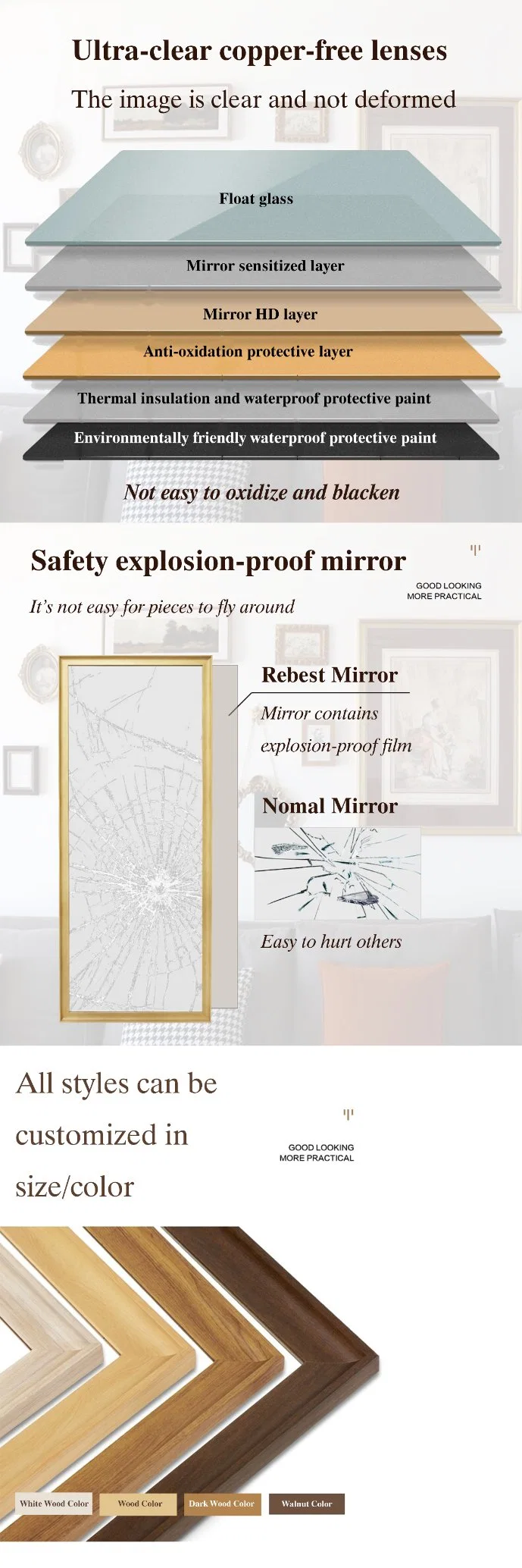 Modern Circle Gold Aluminium/Silver/Metal Framed Dressing Wall Mirror with Explosion Proof