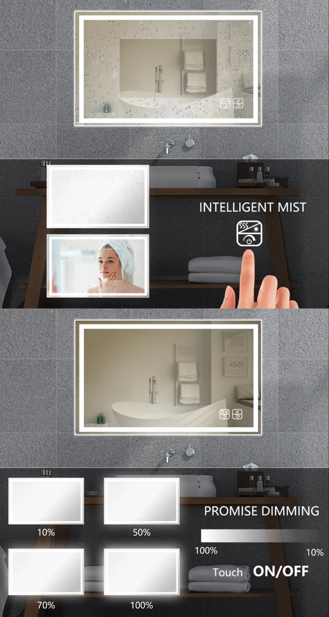 Touch Sensor Defogging Smart LED Bathroom Mirror with Time/Temperature Display