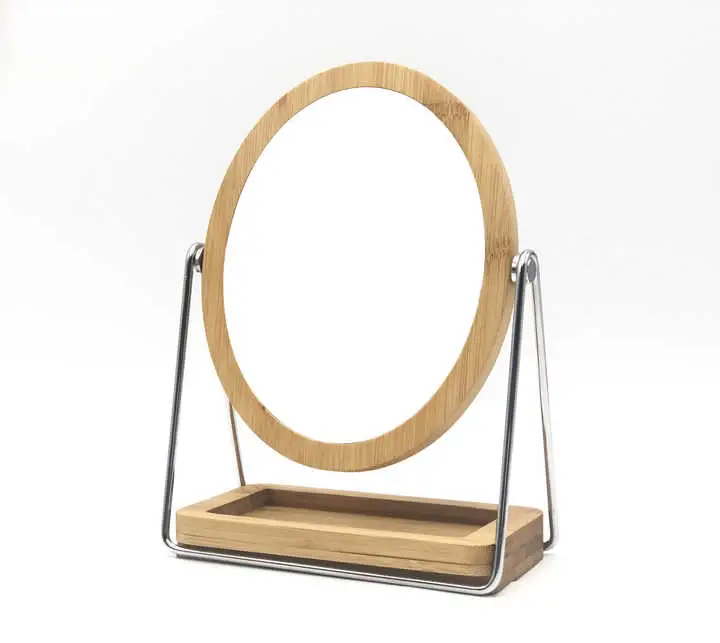 Bamboo Wood Frame Magnifying Hand Decorative Desk Face Make up Mirror