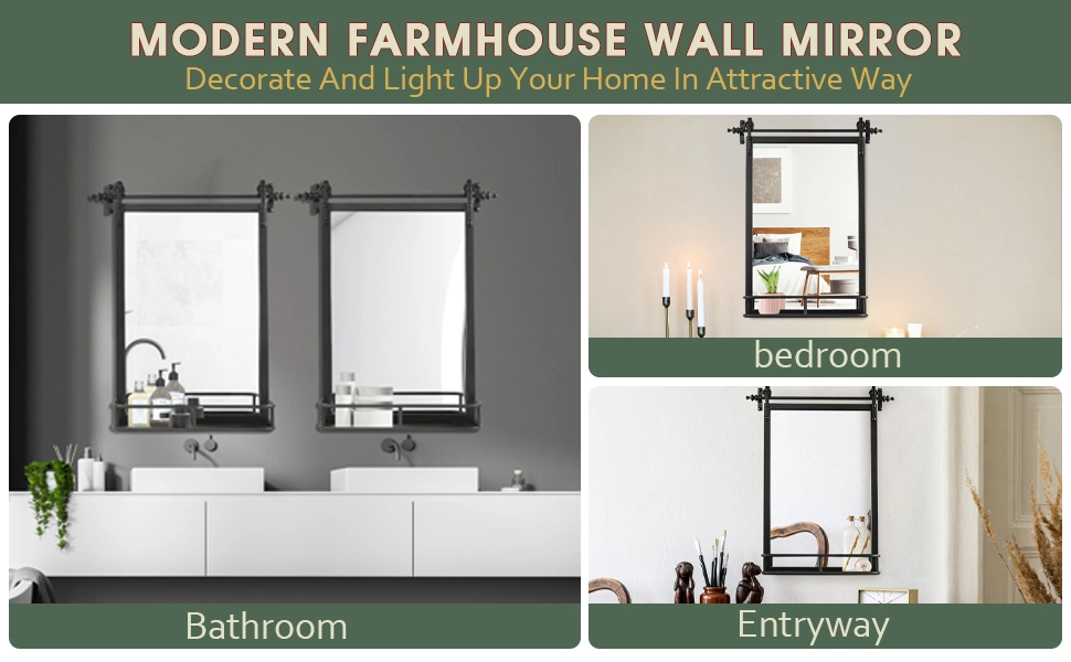 Farmhouse Iron Framed Wall Mirror with Shelf - 36&quot; H X 24&quot; W Large Bathroom Mirrors for Wall, Rectangular Black Mirror Metal Frame Bathroom Decorative Mirror